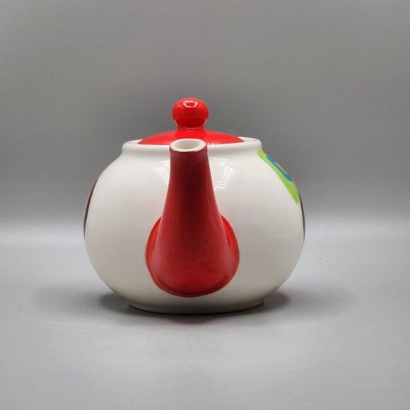 Hues N Brews Floral Teapot Red White Brown Retro 20 oz  MCM Color Coordinates - Picture 2 of 10